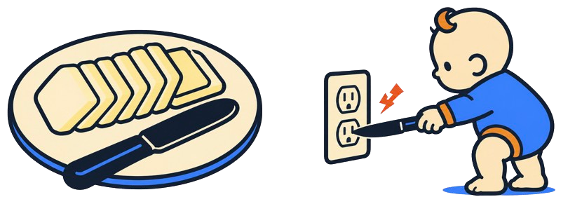 A plate of buttered bread next to a baby pushing a knife into an electrical outlet